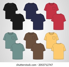 Multi color Short sleeve Basic T-shirt With pocket  overall technical fashion flat sketch vector Illustration template front and back views. Basic apparel Design Mock up for Kids and boys.