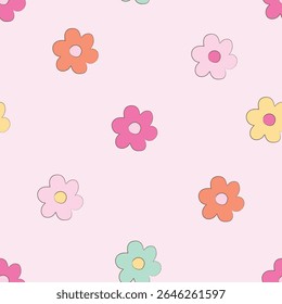 Multi color and simple floral design features evenly spaced delicate flowers against a light, neutral background. For textiles, cotton fabric, covers, wallpaper, printing, cards, scrapbooking.
