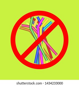 lot of multi color straws plastic  under red cross sign that mean do not use plastics. plastic waste is impact environment and under sea life. save earth,  good life do not use plastic. 