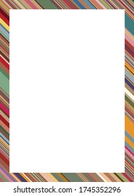 Multi color stripe sections cropped in 45 degree angle, assembled to edge of page to create modern, geometric frame design