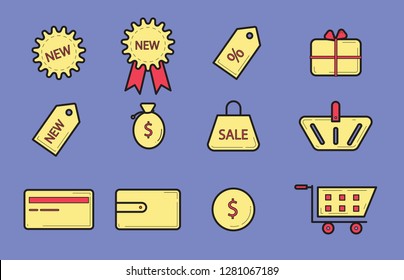 Multi color stroke outline flat style vector icons discount badge, percent badge, gift, new badge, sale bag, cart, wallet