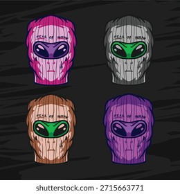 multi color variation alien wearing ski mask design for merch print