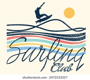 Multi color wave artwork. Endless summer vector design. Surfing club artwork. Palm tree vector design.