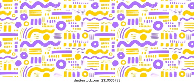 Memphis abstractos de múltiples colores, formas geométricas sin fisuras. Pincel de formas geométricas, rayas, líneas onduladas, círculos y puntos dibujados. Resumen de fondo colorido. Dibujaron figuras futuristas a mano.
