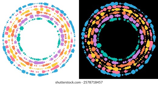 Multi colored abstract round frame made of randomly shaped blots and dots stuck on, united into rings. Vector design element isolated on white and black background