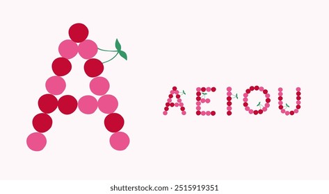 Multi colored alphabet, playful letters, funny festival, birthday and greeting card typography, thank you phrases. Vector typographic design.
Cherry alphabet vector illustration. Vowel letters.