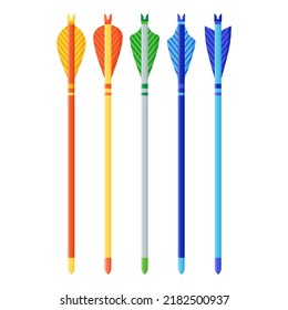 Multi colored arrows for a bow. Archery sport equipment. Summer games. Vector cartoon isolated illustration.