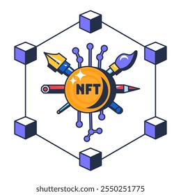 Atribuição multicolorida de token NFT para obra de arte. Registro de obra de arte na rede blockchain. Bolsa NFT. Vetor de contorno de desenho animado futurista isolado no fundo branco