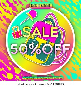 Multi colored banner. Marketing background. Super sale . Modern poster. Special offer 50 percent off.   Stationery and school supplies