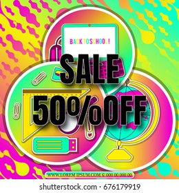 Multi colored banner. Marketing background. Super sale . Modern poster. Special offer 50 percent off.   Stationery and school supplies