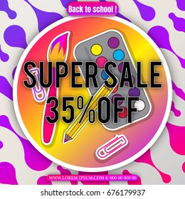 Multi colored banner. Marketing background. Super sale . Modern poster. Special offer 35 percent off.   Stationery and school supplies