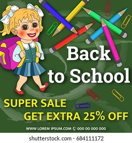 Multi colored banner. Marketing background. Super sale . Modern poster. Special offer 25 percents off.   Stationery and school supplies