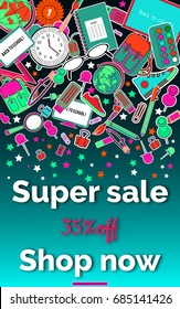 Multi colored banner. Marketing  Sale background with school stationery . Modern poster. Special offer 35 percents off.  stationery and school supplies