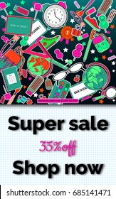 Multi colored banner. Marketing  Sale background with school stationery . Modern poster. Special offer 35 percents off.  stationery and school supplies