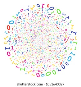 Multi Colored Binary Digits sparked round cluster. Vector round cluster burst combined by random binary digits symbols. Bright Vector abstraction.