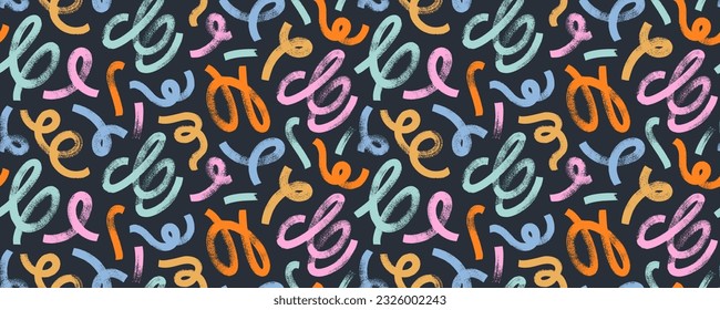 Multi colored biological grunge squiggles seamless pattern. Hand drawn bold grunge wavy and swirled brush strokes with loops. Colorful vector rough curly smears with scribbles in childish style.