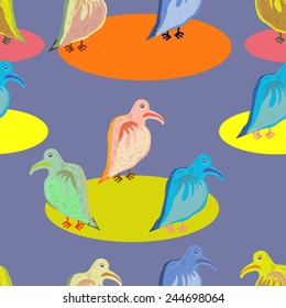 Multi Colored birds in cartoon style on gray-blue background. Vector seamless.
