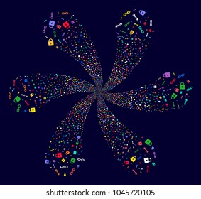 Multi Colored Blockchain centrifugal bang on a dark background. Psychedelic spiral organized from randomized blockchain symbols.