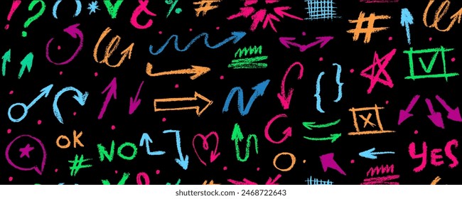 Multi colored bold brush drawn curved arrows seamless pattern. Hand drawn vector thick marker arrows. Curved and wavy brush strokes. Seamless banner with vector direction pointers. 