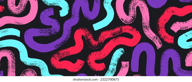 Multi colored bold squiggle lines seamless pattern. Brush drawn thick doodle lines ornament. Grunge squiggles. Lilac, pink and red curved brush strokes. Abstract organic geometric background.