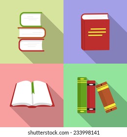 Multi colored book icons set (four pieces).  Flat design with long shadow effect. Vector illustration, eps 8.