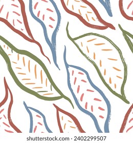 Hojas botánicas multicolores, patrón sin fisuras. Fondo a la moda con hojas verdes. Papel pintado de decoración de arte contemporáneo, huella de textura de símbolo natural orgánico. Estilo étnico moderno.