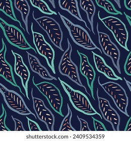 Multi colored botanical leaves seamless pattern. Hand drawn trendy background with green leaves. Contemporary art decoration wallpaper, organic nature symbol texture print. Modern ethnic style.