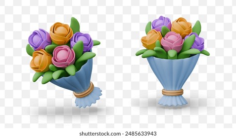 Multi colored bouquet in paper wrapper. Elegant flowers in realistic style