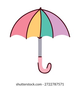 Multi colored bright parasol with handle. Vibrant accessory for wet weather or hot summer days, protecting people from rain drops or sunlight outdoors.