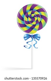 Multi colored candy with a blue bow. EPS10 vector.