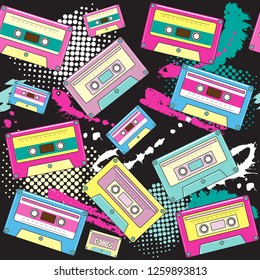 Multi Colored cassettes on a black background seamless pattern