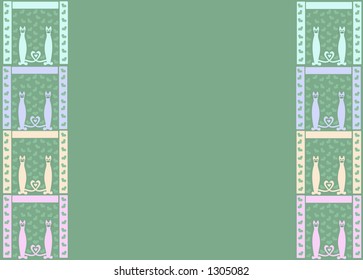Multi  colored cat and heart tiled border over green background.