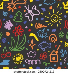 Multi colored charcoal doodles shapes seamless pattern. Hand drawn pencil scribbles stars, crown, flower childish style. Naive abstract charcoal scribbles and curved lines