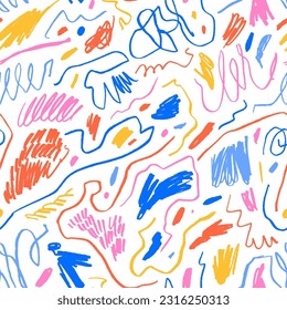 Multi colored charcoal pencil curly lines and squiggles seamless pattern. Scribble brush strokes ornament. Hand drawn marker scribbles. Colorful pencil sketches. Brush stroke lines, squiggles, daubs.