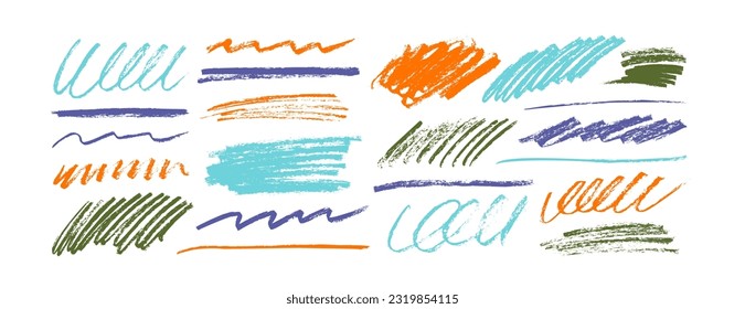 Multi colored charcoal pencil curly lines and squiggles. Scribble brush strokes vector set. Handdrawn colorful marker lines with rough edges. Grunge smears and strikethrough set. Pencil sketch drawing