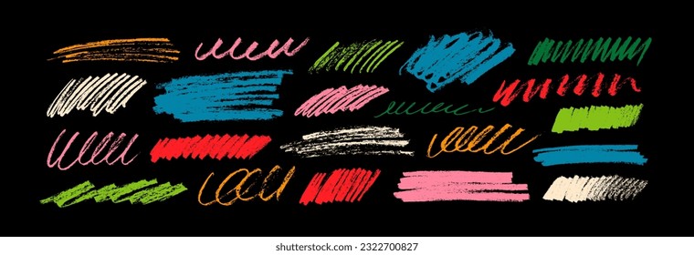 Multi colored charcoal pencil curly lines and squiggles. Scribble brush strokes vector set. Handdrawn colorful marker lines with rough edges. Grunge smears and strikethrough set. Pencil sketch drawing