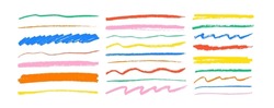 Multi Colored Charcoal Pencil Scribble Vector Set. Childish Drawing. Doodles And Curved Lines, Straight Thin Strokes. Colorful Pencil Sketchy Lines. Grungy Smears And Rough Crayon Strokes.