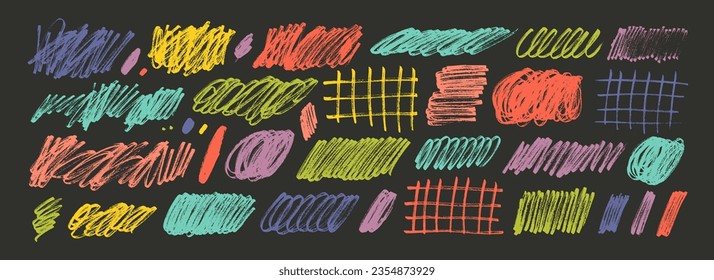 Multi colored charcoal pencil scribble vector set. Childish crayon drawing. Hand drawn colorful swirls, grid and smears. Grungy vector textures and strokes. Doodle shapes, pencil or marker lines.