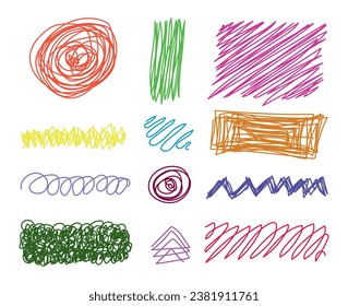Conjunto vectorial de garabato de carbón multicolor. Dibujo infantil. Doodles y líneas curvadas, trazos rectos delgados. Lápiz colorido