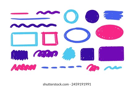 Multi colored charcoal pencil scribble vector set. Childish drawing. Doodles and curved lines, straight thin strokes. Colorful pencil sketchy lines. Grungy smears and rough crayon strokes.