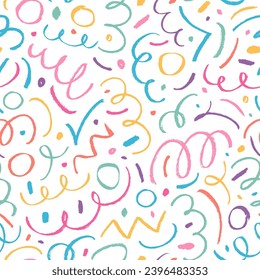 Multi colored charcoal pencil scribbles and squiggles seamless pattern. Hand drawn doodle curved lines and dots like confetti. Rough crayon strokes. Chaotic pencil scribbles vector seamless pattern.