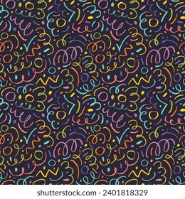 Multi colored charcoal pencil scribbles and squiggles seamless pattern. Hand drawn doodle curved lines and dots like confetti. Rough crayon strokes. Chaotic pencil scribbles vector seamless pattern.