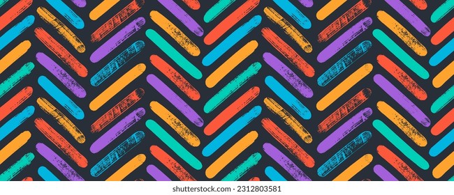 Banner multicolor chevron sin costuras. Pincel dibujado en negrita y negrita trazos de zigzag. Fondo futurista de vector dibujado a mano. Textura étnica geométrica abstracta. Patrón tribal sin fisuras.