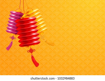 Multi colored chinese paper lanterns on golden background with seigaiha wave pattern. Vector illustration.