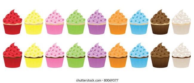 Multi colored chocolate & vanilla cupcakes with star sprinkles, isolated on white.