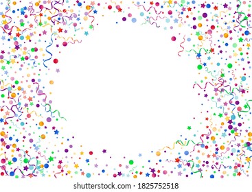 Multi colored Circles Fun Vector White Background. Celebrate Spiral Plant. Particles Flying Invitation. Bright Carnival Poster.