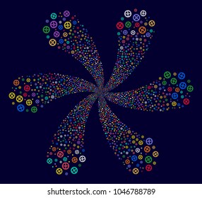 Multi Colored Clock Gear spiral bang on a dark background. Hypnotic flower composed from scattered clock gear symbols.