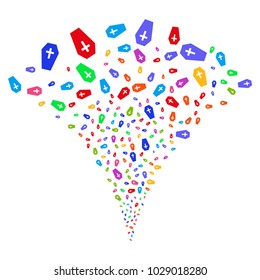 Multi Colored Coffin burst fountain. Object fountain combined from random coffin pictographs as fireworks. Vector illustration style is flat iconic symbols with psychedelic colors.