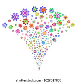 Multi Colored Cogwheel explosion fountain. Object fountain combined from random cogwheel design elements as fireworks. Vector illustration style is flat iconic symbols with psychedelic colors.
