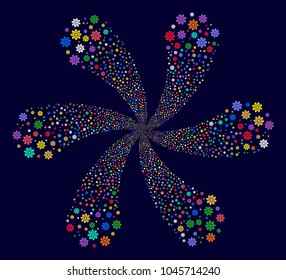 Multi Colored Cogwheel swirl burst on a dark background. Psychedelic flower with six petals combined from random cogwheel symbols.
